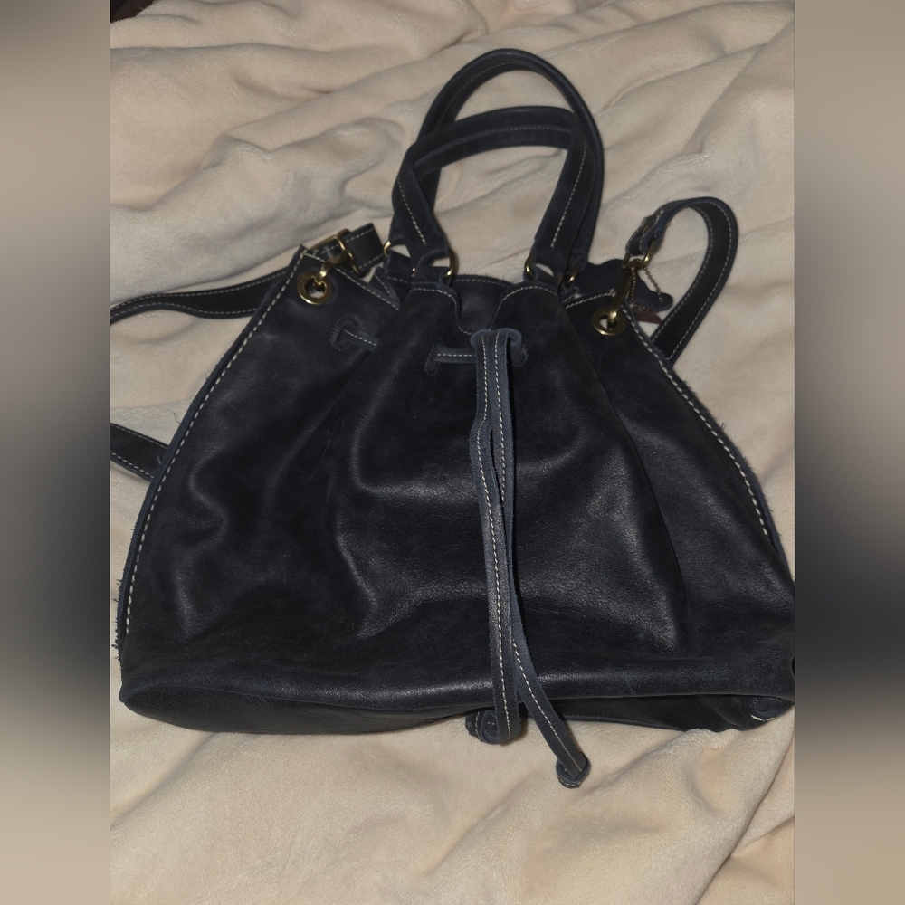 Roots Navy Tribe Leather Drawstring Bag